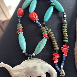 Turquoise and Coral Beaded Elephant Pendant Necklace